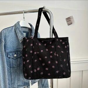 NEW‎ Women's Strawberry Corduroy Canvas Tote Bag - Black & Red